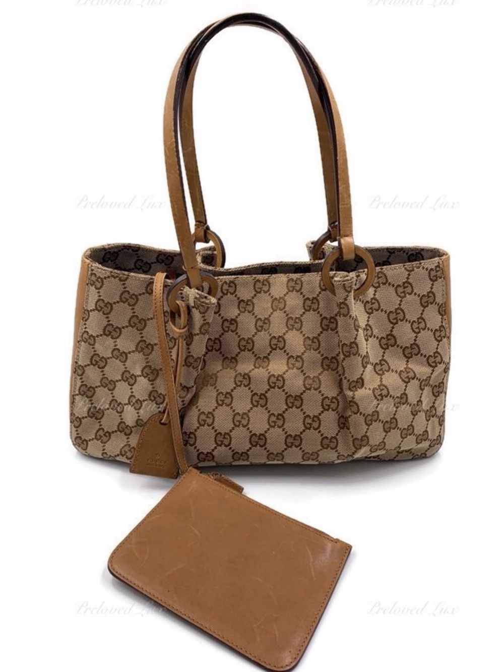 Authentic Gucci GG Canvas & Leather Tote Bag with Attached Pouch